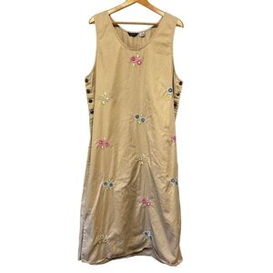 Vintage Khaki Overall Jumper Midi Dress 1X Embroidered Floral Boho Cottagecore